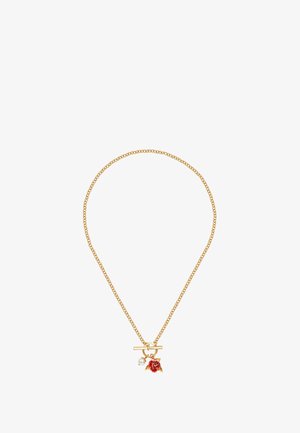 Gul kättinghalsband med lås, prytt med en röd ros charm och en liten vit pärla.