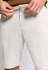 Lichtgrijze shorts met een gladde textuur, een elastische tailleband en een verstelbare trekkoord. Voorzien van een knoopsluiting en zijzakken.