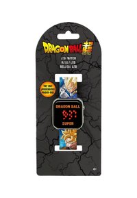 Digitale LED-horloge met zwart vierkant gezicht dat rode cijfers weergeeft. Blauwe band met Dragon Ball-personages op een textuur achtergrond.