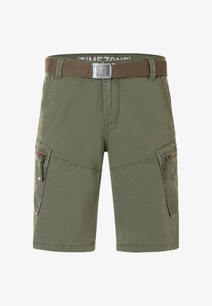 Olive green cargo shorts with multiple zippered pockets and a brown fabric belt with a silver buckle.