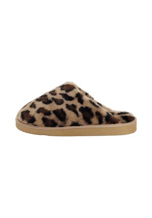 Pantofole con stampa leopardata, dalla morbida texture pelosa, silhouette arrotondata, suola beige e parte superiore in peluche per il massimo del comfort.