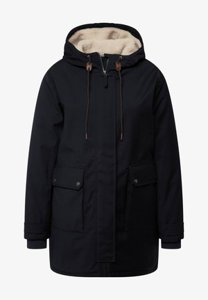 Parka blu navy con cappuccio foderato in pile, chiusura frontale con zip, cordoncino di regolazione e due tasche a pattina. Realizzata in tessuto resistente con dettagli cuciti.