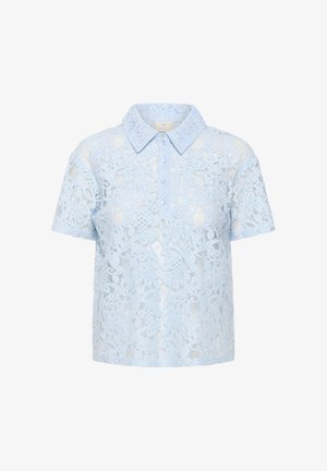 Hele sinise pitsiga lühikeste varrukatega pluus lillemustriga, kraega ja esiküljel pärlikinnitustega.