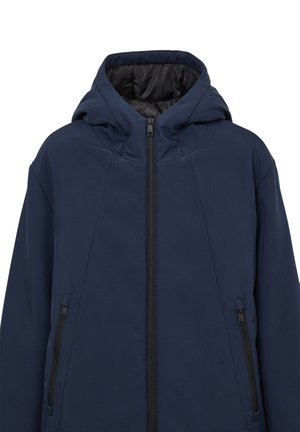 Navy blue hooded jacket featuring zippered front and side pockets, made of smooth, weather-resistant fabric with a matte finish.