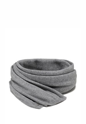 Gray knit infinity scarf with a soft texture, featuring a continuous loop design and a smooth finish without visible seams.