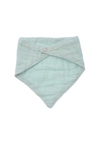 Türkise Baumwollbandana-Lätzchen mit strukturiertem Material, ausgestattet mit einem Druckknopfverschluss und in dreieckiger Form für ein einfaches Tragen.
