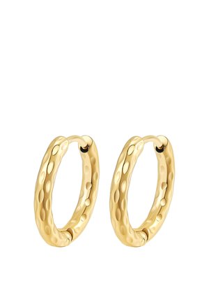 Pair of shiny gold hoop earrings with a textured surface of evenly spaced oval indentations on a white background.