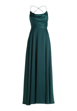 Abito lungo con scollatura a cappuccio in satin verde scuro, con sottili spalline incrociate e una silhouette svasata fluida. Texture liscia.