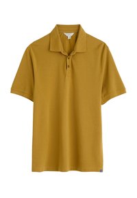 Sennepsgul polo skjorte med klassisk krave, tre knapper, korte ærmer og struktureret stof. Har en lille logoetiket ved sømmen.