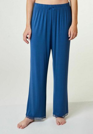 Blauwe pyjamabroek van zachte stof, met een wijde pijpdesign, een elastische tailleband met een strik en kantaccenten aan de zoom.