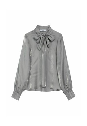 Szara, długorękawowa bluzka o satynowym wykończeniu. Posiada prowokacyjny zapięcie w okolicy szyi oraz marszczone rękawy. Subtelny połysk z lekkimi metalicznymi akcentami.