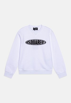 Felpa bianca realizzata in tessuto morbido, con un grande logo nero "DSQUARED2" a forma ovale sulla parte anteriore. Polsini e orlo a coste.