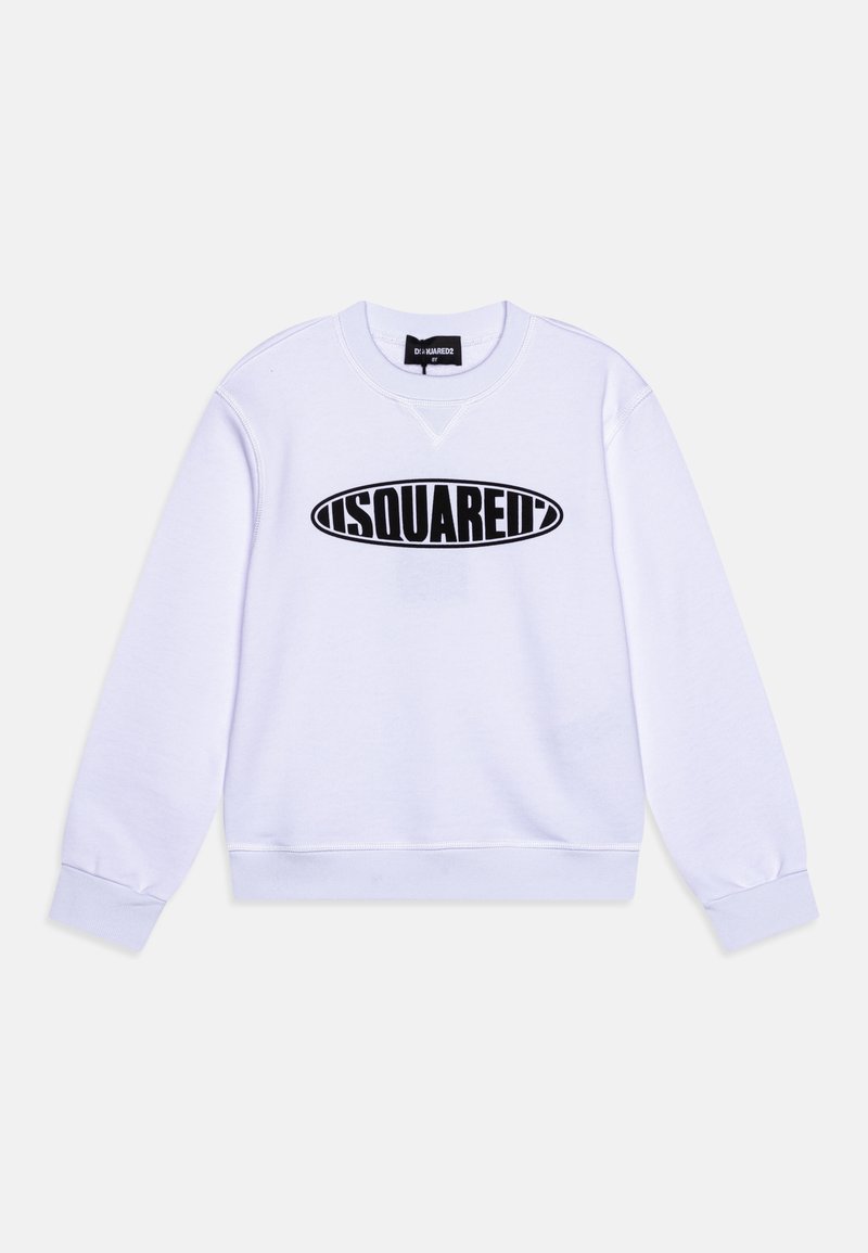 Felpa bianca realizzata in tessuto morbido, con un grande logo nero "DSQUARED2" a forma ovale sulla parte anteriore. Polsini e orlo a coste.