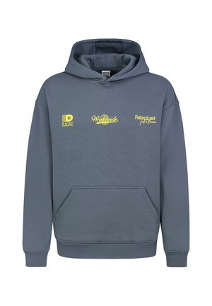 Dunkelgrauer Kapuzenpullover mit Fronttasche und gelben Textlogos mit den Aufschriften "Daily Sublevel," "Worldwide," und "Future is not just a Dream."