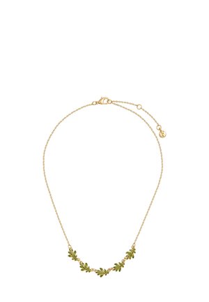Gold necklace featuring a leaf design with green enamel accents, chain with a lobster clasp, and an adjustable length for a customized fit.
