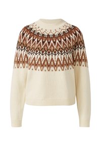 Crème trui met bruine, zwarte en witte geometrische patronen rond de borst en schouders, met een ronde geribde halslijn en lange mouwen.
