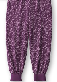 Paarse joggingbroek met een wit stippenpatroon, met een cuff aan de enkels en een zachte, gestructureerde stof. Ontworpen voor comfort en casual dragen.