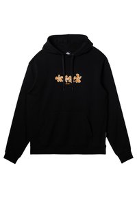 Sudadera negra de mezcla de algodón, con un gráfico floral naranja en el pecho y un bolsillo canguro delantero. Incluye cuerdas ajustables.