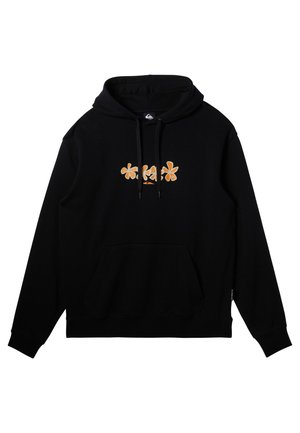 Black hoodie made of cotton blend, featuring an orange floral graphic on the chest and a front kangaroo pocket. Includes adjustable drawstrings.