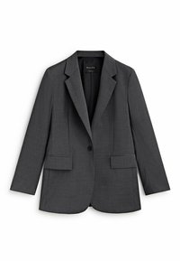 Blazer grigio scuro con rever a punta, chiusura a un bottone e due tasche frontali, dal texture liscia.