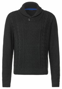 Suéter negro de punto con cuello tipo chal, patrones texturizados y un cierre de un solo botón. Los puños y el dobladillo acanalados completan el diseño.