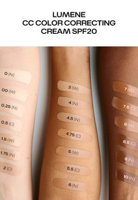Lumene CC Color Correcting Cream swatches op armen. Romige textuur, verschillende tinten van licht tot donkerbeige, gelabeld met kleurnummers en ondertoonletters.