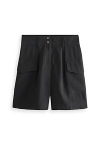 Pantalones cortos cargo negros fabricados en un tejido suave, que cuentan con dos bolsillos frontales, una cinturilla ajustada y doble botón para el cierre.