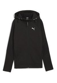 Sudadera negra con capucha, fabricada con un material suave, que cuenta con un cierre frontal, bolsillos laterales y un logo blanco en el pecho. Detalles texturizados en las mangas.