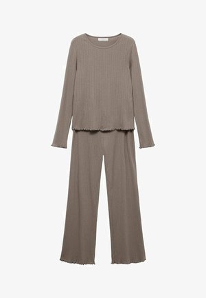 Set a due pezzi marrone a coste, composto da una maglietta a maniche lunghe e pantaloni a gamba larga con orli sfrangiati, realizzato in un morbido tessuto testurizzato.