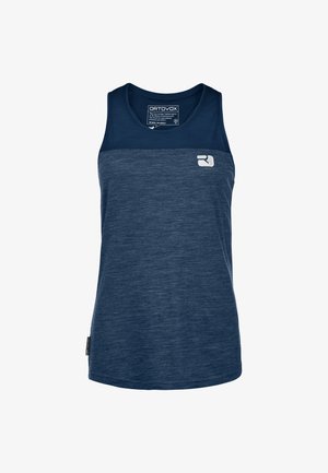 Marineblaues Tanktop mit strukturiertem Körper, glatter kontrastierender Oberseite und einem Logo auf der linken Brust. Ein Etikett ist unten links angebracht.