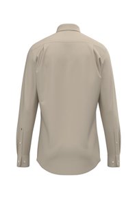Beige langdellige blouse met knoopmanchetten, van de achterkant getoond op een witte achtergrond.