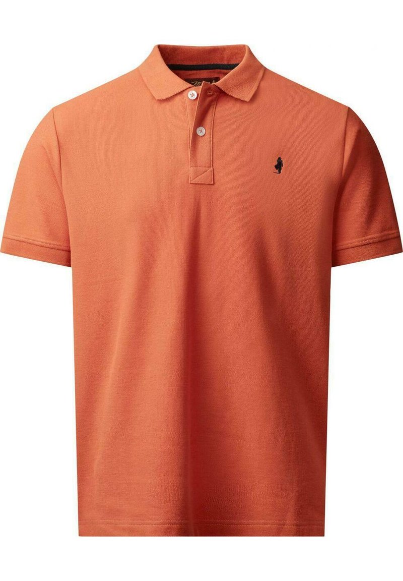 Kortærmet polo shirt i orange bomuld med krave, medto knapper og et lille sort logo på venstre bryst.