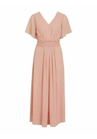 Robe maxi en rose doux, avec un décolleté en V, des manches courtes et volantées, un design plissé et une broderie décorative à la taille.