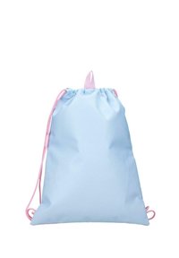 Mochila con cordón de color azul claro con correas rosas y asa superior, mostrada sobre un fondo blanco.