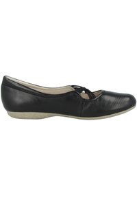 Black leather ballet flats with a round toe, featuring a decorative crisscross strap, and a low beige rubber sole. Smooth texture, simple design.