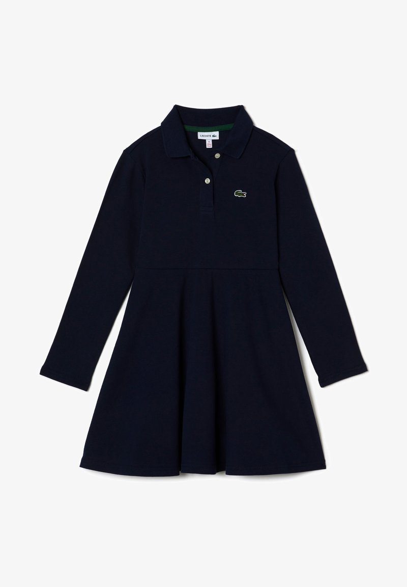 Robes polo bleu marine en coton, à manches longues, avec un col, trois boutons et un logo accentué en vert sur la poitrine.