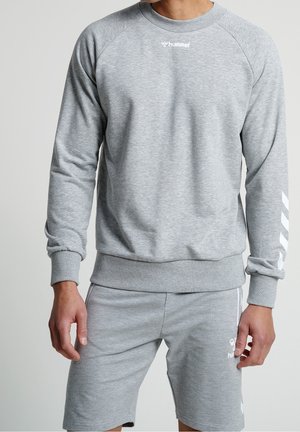 Muž oblečený v světle šedé sportovní mikině hummel a odpovídajících šortkách, stojící s uvolněnýma rukama podél těla na jednobarevném pozadí.