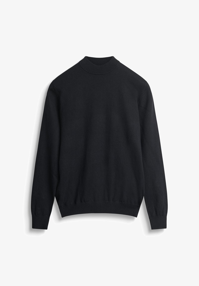 Suéter negro con cuello alto, mangas largas y puños acanalados. Textura suave con un diseño ajustado, adecuado para superponer o para uso casual.