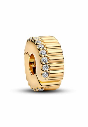 Goldene Perle mit gerippter Textur und einer Reihe von sechs klaren Kristallen auf einer Seite. Zylindrische Form mit einem zentralen Loch zum Auffädeln.