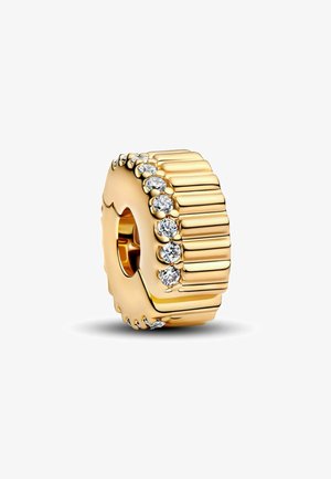 Goldene Perle mit gerippter Textur und einer Reihe von sechs klaren Kristallen auf einer Seite. Zylindrische Form mit einem zentralen Loch zum Auffädeln.