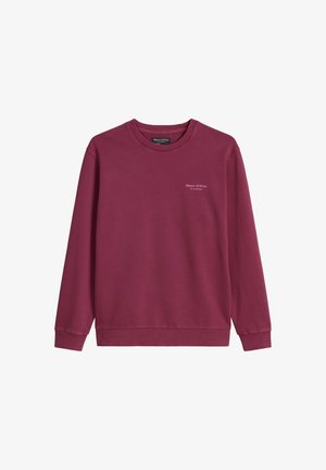 Burgundi hosszú ujjú pulóver kerek nyakkivágással, bordázott mandzsettákkal és szegéllyel, valamint egy kis fehér "Marc O'Polo" logóval a mellkasán.