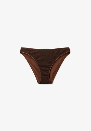 Braune glitzernde Bikinihose mit klassischem Schnitt, flach auf weißem Hintergrund dargestellt.