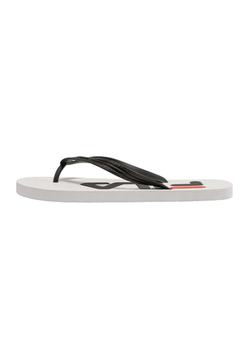 Sort gummi flip-flop med en flad, hvid EVA-sål. Har en struktureret sort toe strap og et printet logo på fodsengen i rød.