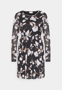 Robe noire à manches longues avec imprimé floral en blanc et beige. Elle présente un col rond et une taille élastique pour une silhouette cintrée.