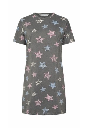Dunkelgraues Kurzarmkleid mit pinken, blauen und weißen Sternen sowie durchgehendem Zebra- und Leopardenmuster.