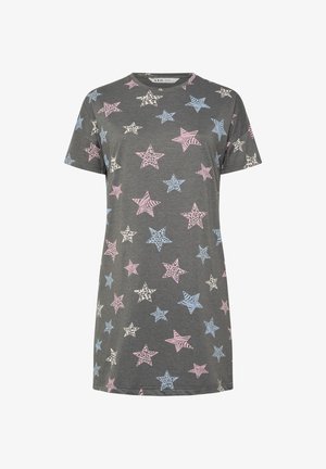 Dunkelgraues Kurzarmkleid mit pinken, blauen und weißen Sternen sowie durchgehendem Zebra- und Leopardenmuster.