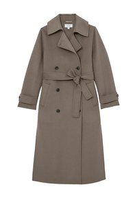 Hnedý trenčkot z vlnenej zmesi s dvojradovým zapínaním, širokým golierom, opaskom na zaväzovanie, bočnými vreckami a manžetami na gombíky.