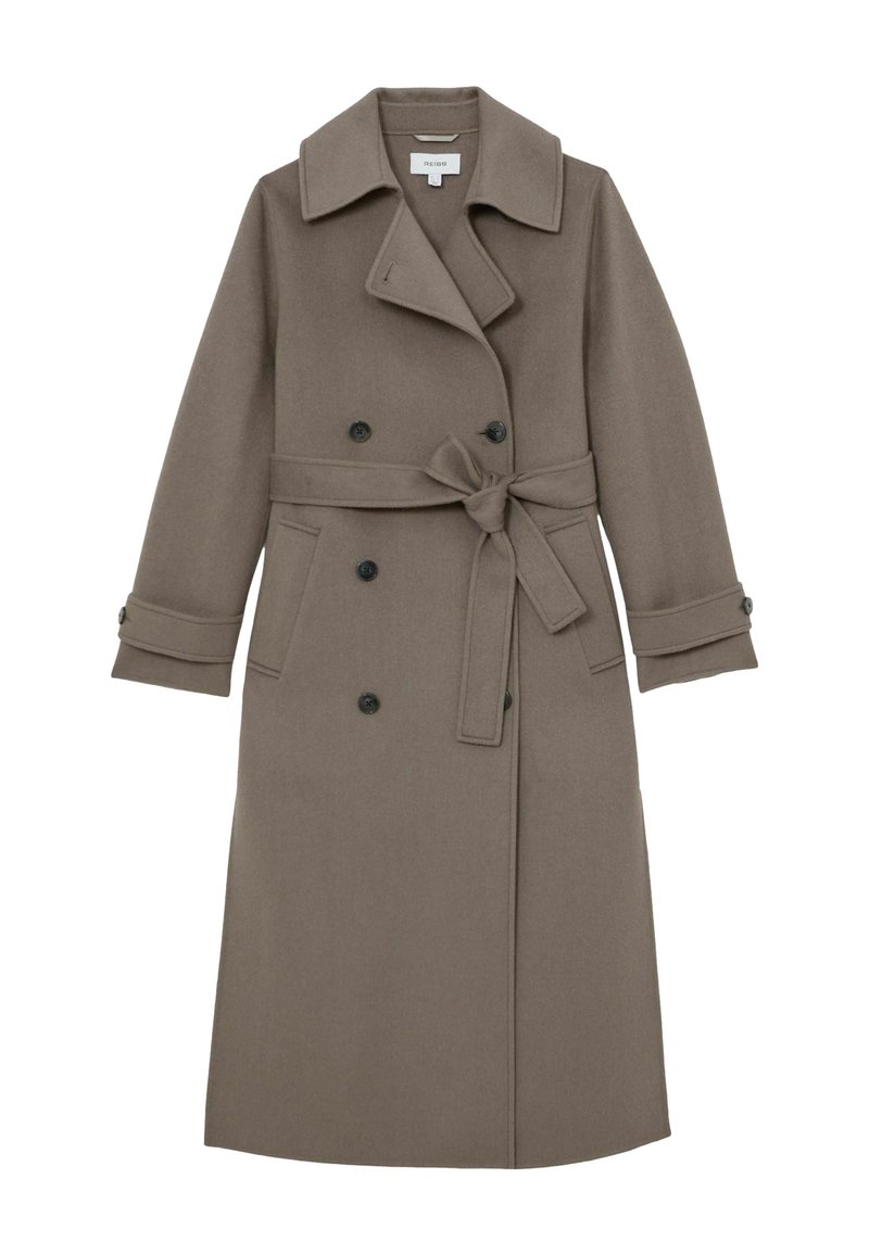 Hnedý trenčkot z vlnenej zmesi s dvojradovým zapínaním, širokým golierom, opaskom na zaväzovanie, bočnými vreckami a manžetami na gombíky.