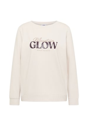 Lyse beige sweatshirt med lange ærmer, rund halsudskæring og teksten "Mountain GLOW REACH HEIGHTS" trykt i mørkebrun og metalliske nuancer.