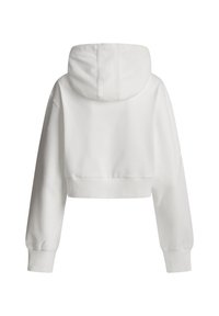 Witte cropped hoodie met lange mouwen, geribbelde manchetten en een nauwsluitende geribbelde tailleband, gezien van achteren tegen een witte achtergrond.